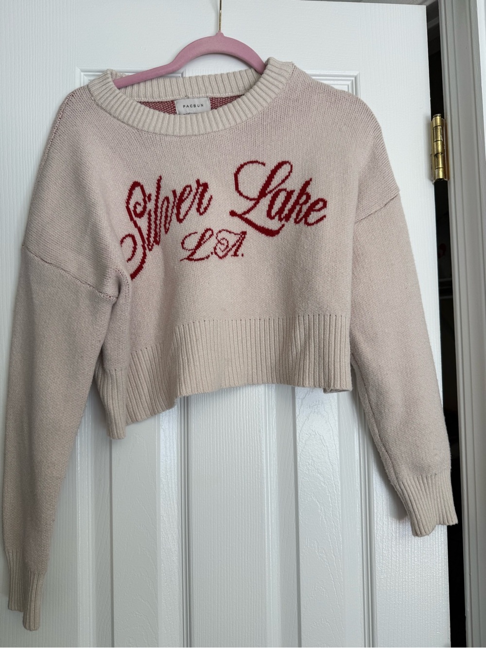PacSun Cream Crewneck Cropped Sweater with Red 'Silver Lake L.A.' Script